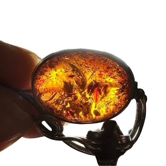 Vtg Signed M 925 Sterling Silver Natural Amber Cabochon Floral Brooch Pin 2” 13g - Picture 13 of 16